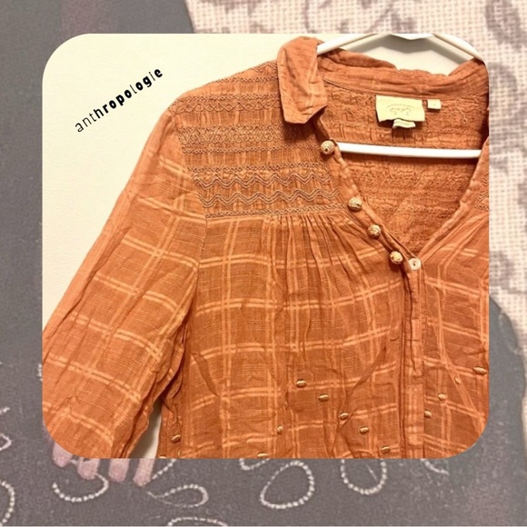 ๐ฅ 3/$30 Anthropologie orange embroidered plaid button long sleeve top - Picture 6 of 17